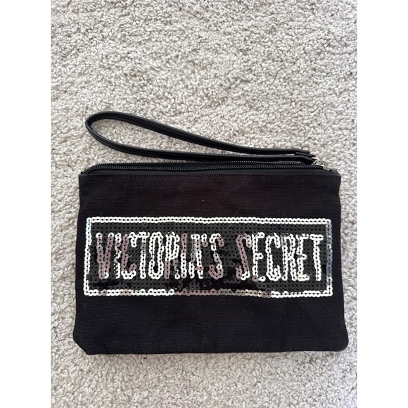 Victoria's Secret Handbags - Victorias Secret Black Canvas Sequin Logo Wristlet Pouch Zipper Clutch Bag